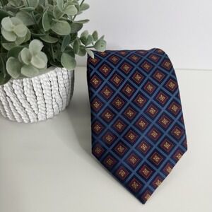 NWOT Henry‎ Jacobson Men's Silk Necktie Diamond Print Navy Red Gold 3 7/8" x 61"